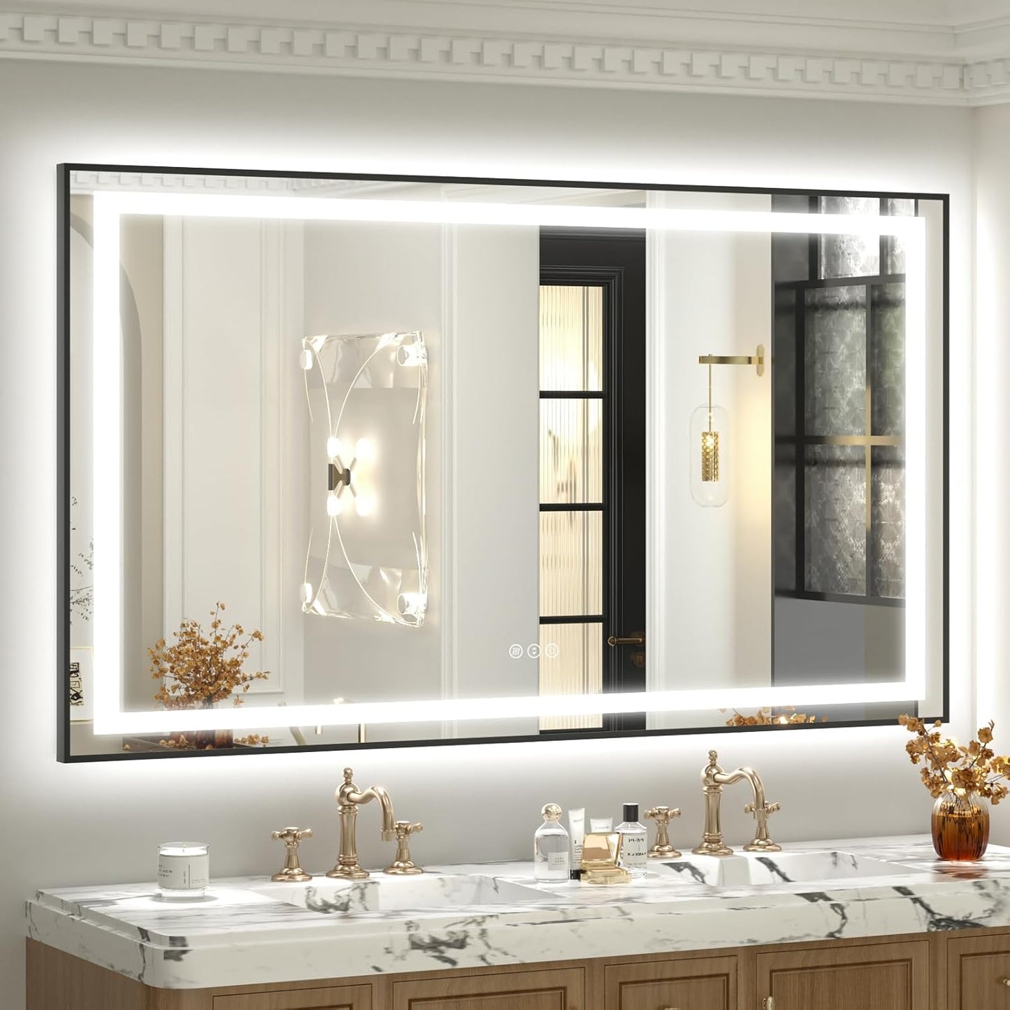 OKPAL 60x36 LED Bathroom Mirror with Lights, Lighted Mirrors for Bathroom Wall, Black Lighted Bathroom Mirror, Dimmable, Anti-Fog, Memory, Shatterproof, ETL Listed (Front Lights and Backlit)