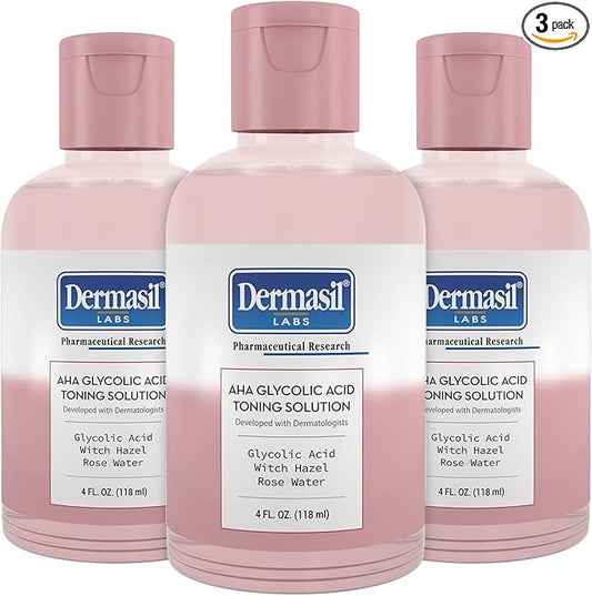 Dermasil AHA Glycolic Acid Toning Solution 3-Pack – Exfoliating Toner for Face with Rose Water, Witch Hazel, and Hyaluronic Acid, 4 Oz Ea