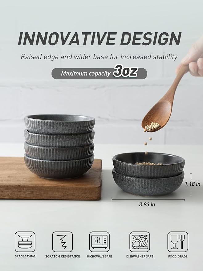 famiware Starlight Soy Sauce Dish Ceramic Dipping Bowls Set of 6, 3 oz Individual Dip Sauce Cups/Bowls/Dishes/Plates, Small Serving Bowl for Side Dishes, Dessert, Condiment, Matte Midnight Grey