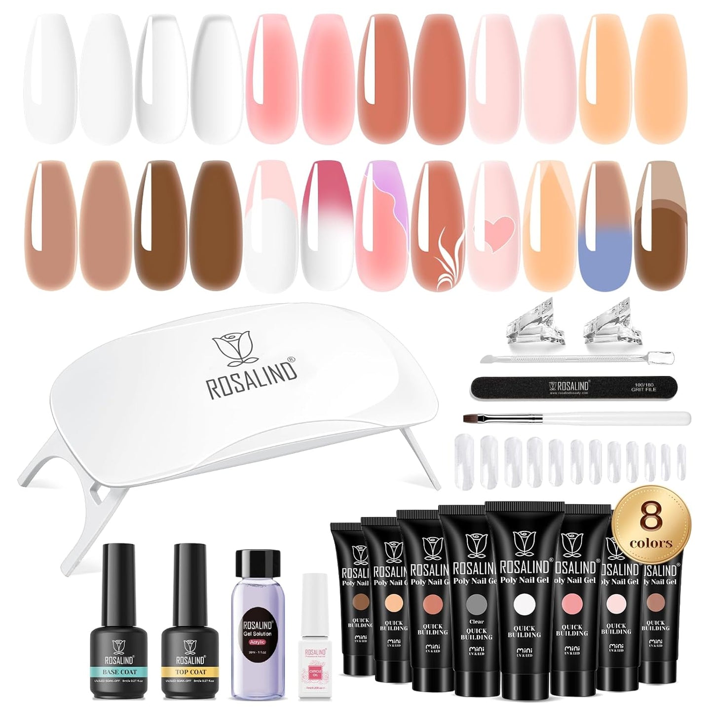 ROSALIND Poly Nail Gel Kit -8 Colors + Nail Art Accessories Kit Neon Poly Nails Gel Kit Starter Kit With Slip Solution Pro Clear Bright Colors Nail Extensions Gel Set with Mini UV Lamp