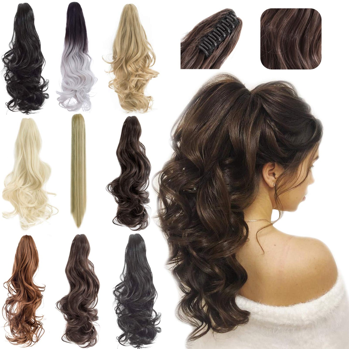 FELENDY Ponytail Extension Claw 18" 20" Curly Wavy Straight Clip in Hairpiece One Piece A Jaw Long Pony Tails for Women (Light Auburn,Straight)