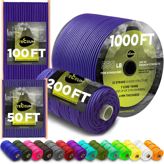 TECEUM Paracord Type III 550 Royal Blue – 50 ft – 4mm – Tactical Rope MIL-SPEC – Outdoor Para Cord – Camping Hiking Fishing Gear – EDC Parachute Cord – Strong Survival Rope 376