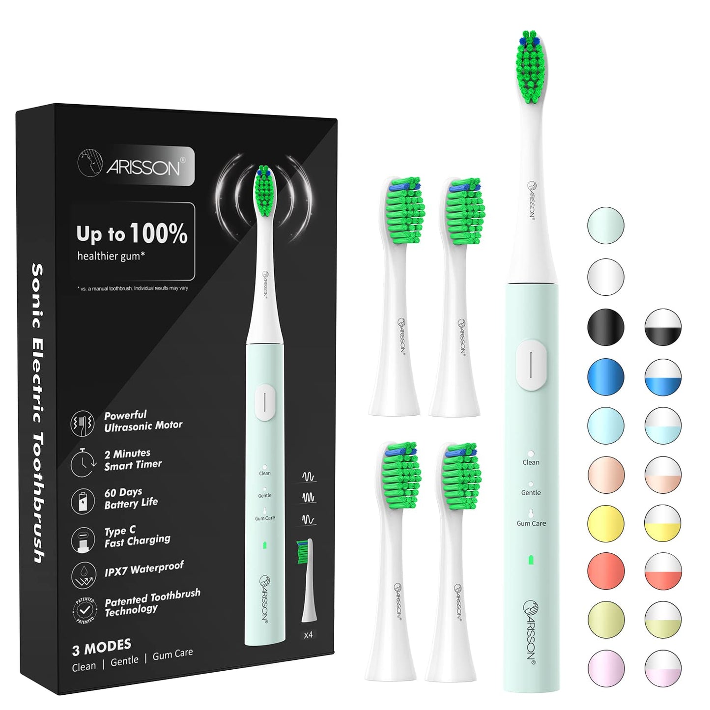 ARISSON Sonic Electric Toothbrush for Adults and Kids, 40,000 VPM Power Toothbrush, 1.5H Fast Charge Ultrasonic Electric Toothbrushes with 2 Minutes Smart Timer, White on Powder Blue