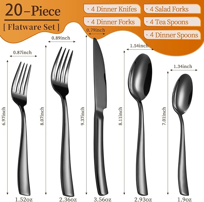20-Piece Black Silverware Set, Heavy Duty Stainless Steel Flatware Cutlery Set Service for 4, Food-Grade Utensil Sets for Home Restaurant, Dishwasher Safe