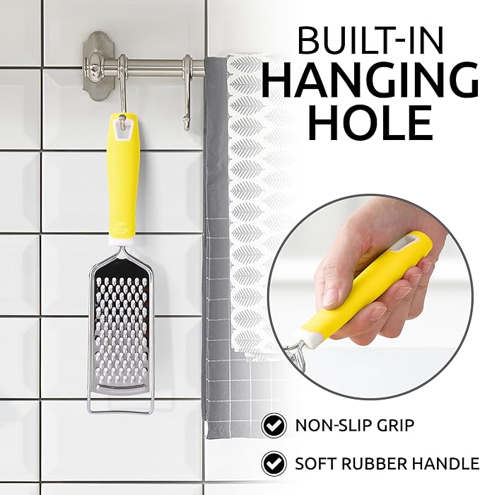 Zulay Kitchen Professional Cheese Grater Stainless Steel - Durable Rust-Proof Metal Lemon Zester Grater With Handle - Flat Handheld Shredder for Parmesan, Chocolate, Spices, And More - Yellow