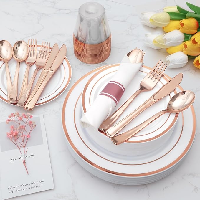 Goodluck 175 Piece Rose Gold Plastic Dinnerware Set for 25 Guests, Fancy Disposable Plates for Party, Include: 25 Dinner Plates, 25 Dessert Plates, 25 Pre Rolled Napkins with Silverware, 25 Cups