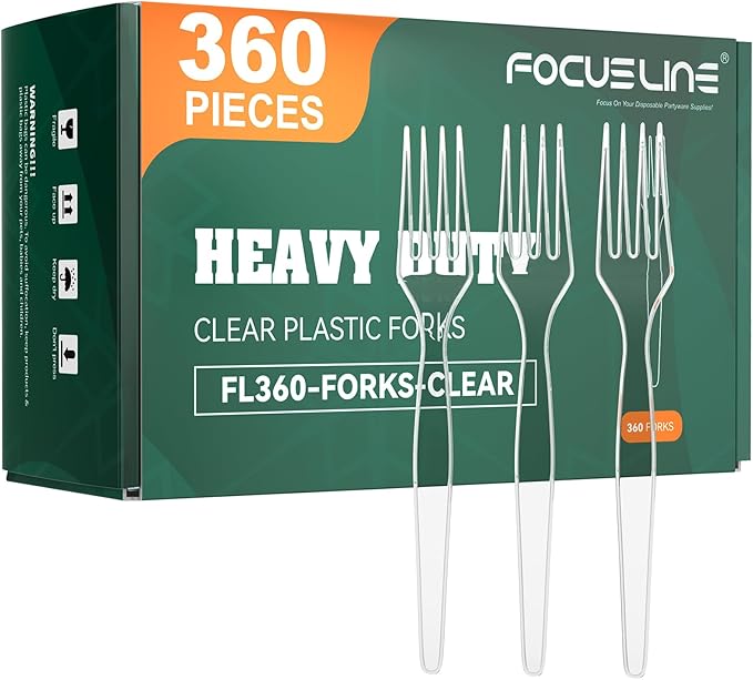 FOCUSLINE 360 Count Clear Plastic Forks Heavy Duty, Solid and Durable Premium Disposable Forks Bulk, Suitable for Catering, Parties, Events and Everyday Use