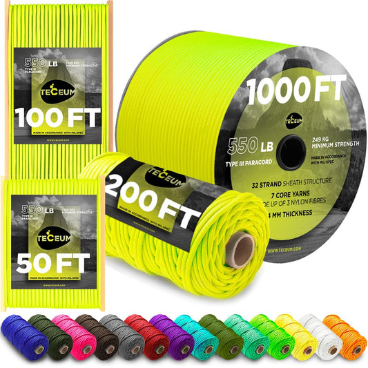 TECEUM Paracord Type III 550 Sofit Yellow – 50 ft – 4mm – Tactical Rope MIL-SPEC – Outdoor Para Cord – Camping Hiking Fishing Gear – EDC Parachute Cord – Strong Survival Rope 319 nw
