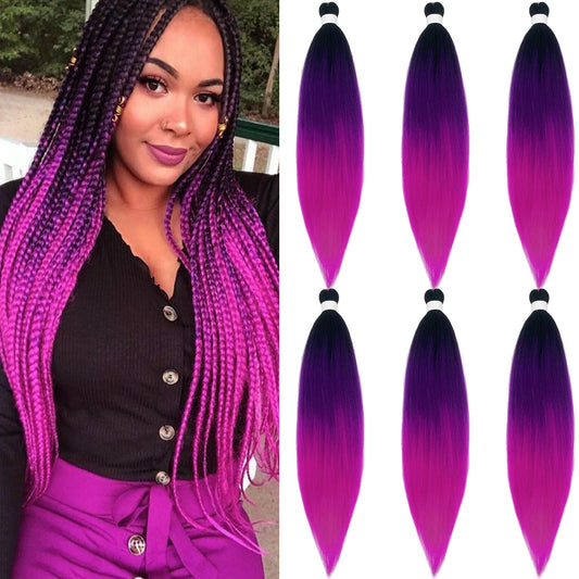 UPruyo Colored Purple Pink Ombre Braiding Hair Extensions for Braids Kanekalo Prestretched Pre Stretched Braiding Hair Ombre Fake Synthetic Hair for Braiding (24 In 6 Packs)