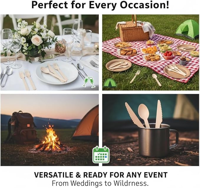 500 Pieces Disposable Cutlery, Wooden Utensils Set [200 Spoons, 200 Forks, 100 Knives] - Disposable Wooden Cutlery, Eco-Friendly Forks and Spoons, Compostable Cutlery Set Party Utensils