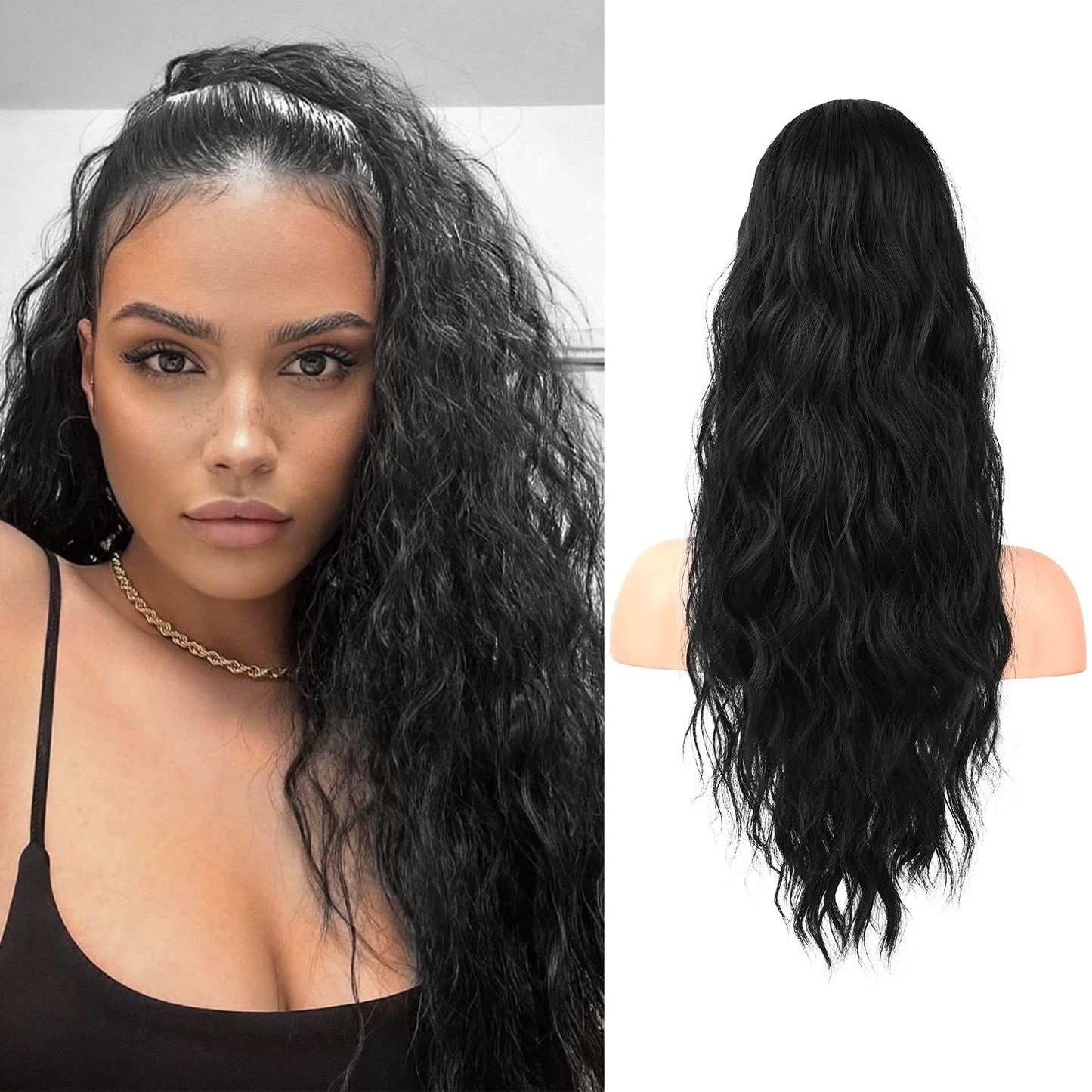 Flufymooz Ponytail Extension, 22 Inch Drawstring Ponytail Hair Extensions for Women，Long Curly Wavy Ponytail Natural Wavy Synthetic Hairpiece for Women Daily Use party (22 Inch Natural Black)