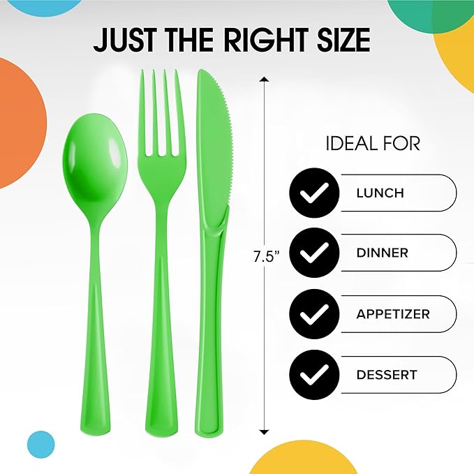 Party Solids Lime Green Plastic Silverware Heavy Duty 150 Pcs Lime Green Plastic Cutlery Sets, Utensil Sets, 50 Of Each Forks, Knives & Spoons Disposable Cutlery Set, Flatware Set For Party Supplies