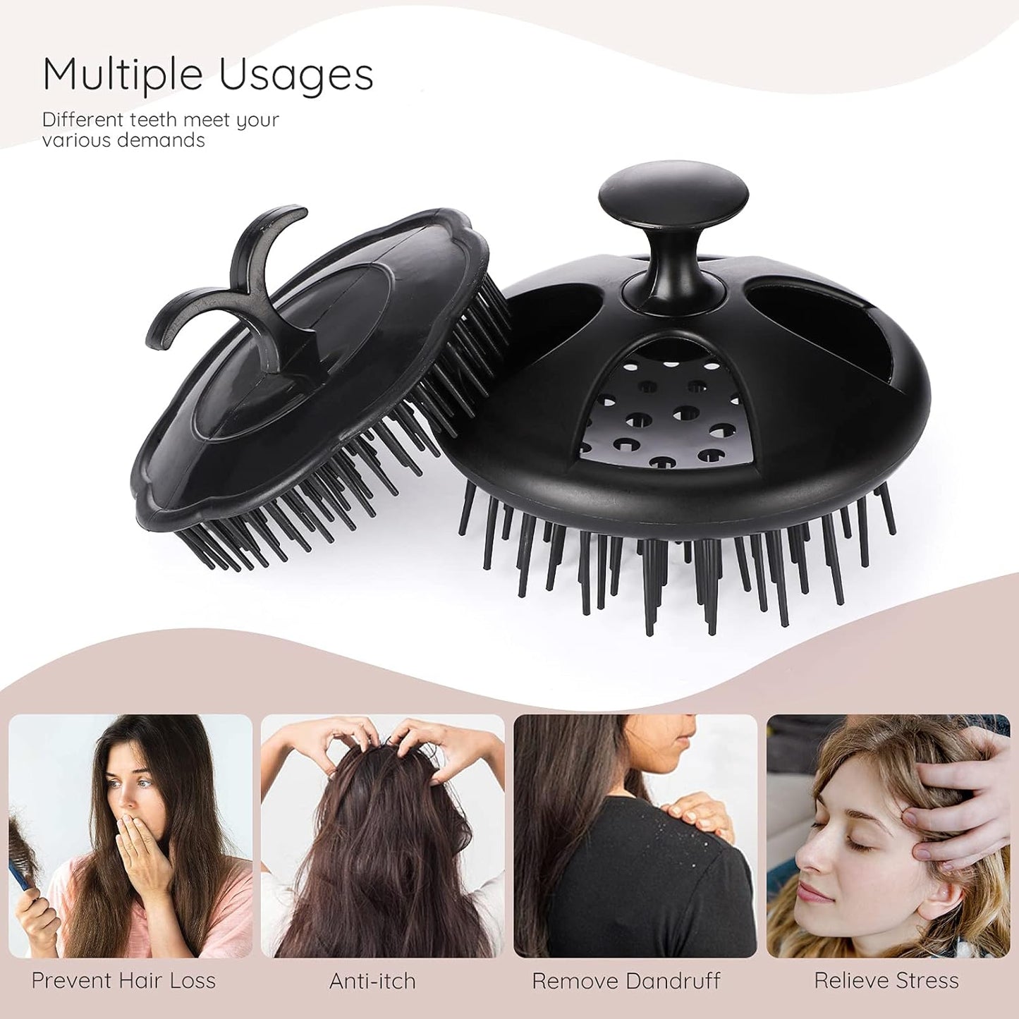 Segbeauty Shampoo Brush, 2 pcs Scalp Massage Floriated Shower Comb Long Short Teeth Set for Curly Hair, Scalp Massage Brush for Hair Growth Beard Brush Pet Grooming Wet Dry Hair Care Brushes Black