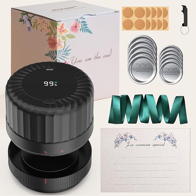Gift Boxed - Fully Automatic Mason Jar Vacuum Sealer Kit, Auto Stop Mason Jar Vacuum Sealer, A Must-Have Jar Sealer for Canned Foods Pantry Canning Pickling, Gift for Mom or Dad, Gift for Grandparents