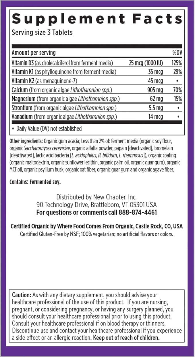 New Chapter Calcium Supplement - Bone Strength Organic Calcium with Magnesium, Vitamin D3+K2, 70+ Trace Minerals for Bone Health, Gluten Free, Easy to Swallow Slim Tablets - 60 Count