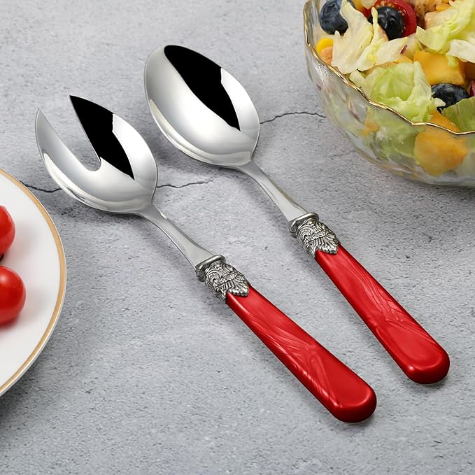 2-piece Salad Servers Stainless Steel Salad Serving Set Salad Fork and Spoon (Red)