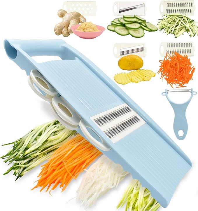 5 in 1 Mandoline Slicer for Kitchen, Vegetable Slicer Multi Blade Potato Chip, Veggie shredder, Vegetable Cutter, Julienne Shredder and peeler For Small Job In Kitchen Blue