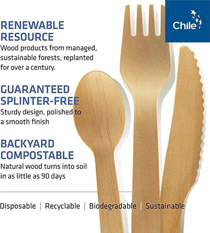 Disposable Wooden Cutlery Set - 100% Home Compostable - 100 Mix - (40 Forks, 40 Spoons and 20 Knives) 6.5", Bamboo Utensils Alternative, Eco-Friendly, Organic, Sustainable and Carbon Neutral Certified