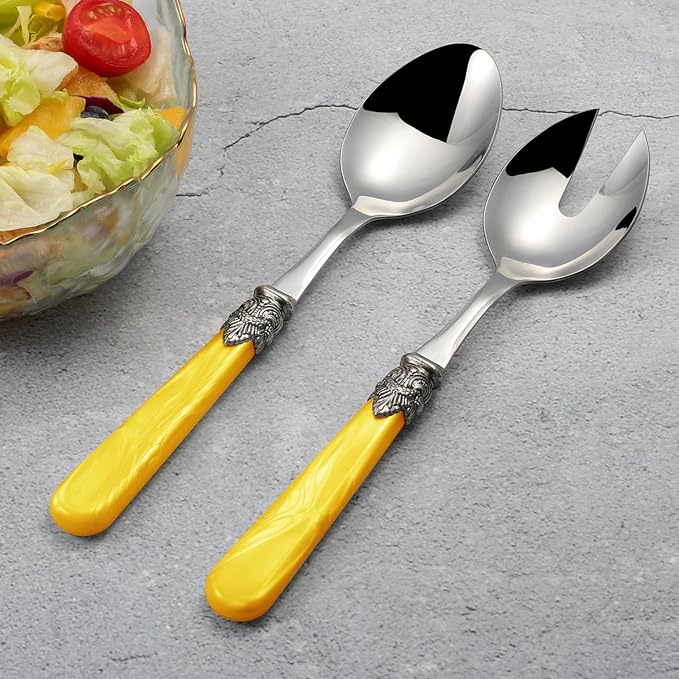 2-piece Salad Servers Stainless Steel Salad Serving Set Salad Fork and Spoon (Yellow)