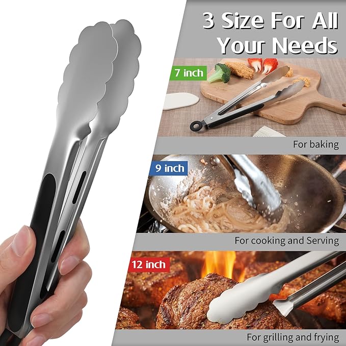12 Pcs Stainless Steel Kitchen Tongs, 7/9/12 Inches Heat Resistant Cooking Tongs Heavy Duty Metal Locking Tong Non-Slip Metal Food Tong for Cooking Food Grill Salad BBQ