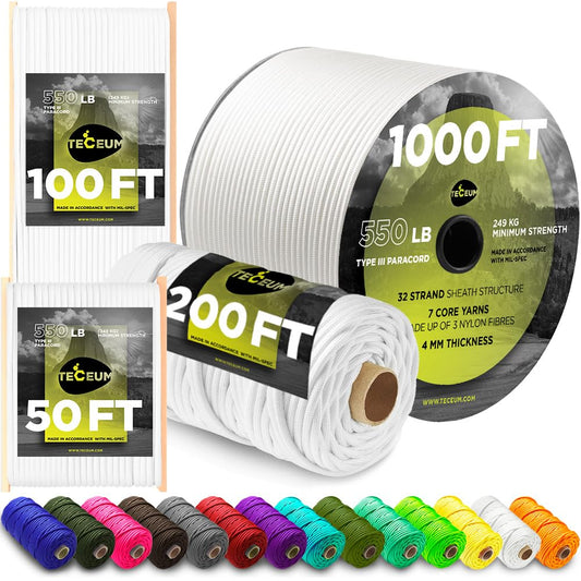 TECEUM Paracord Type III 550 White – 50 ft – 4mm – Tactical Rope MIL-SPEC – Outdoor para Cord – Camping Hiking Fishing Gear – EDC Parachute Cord – Strong Survival Rope 007