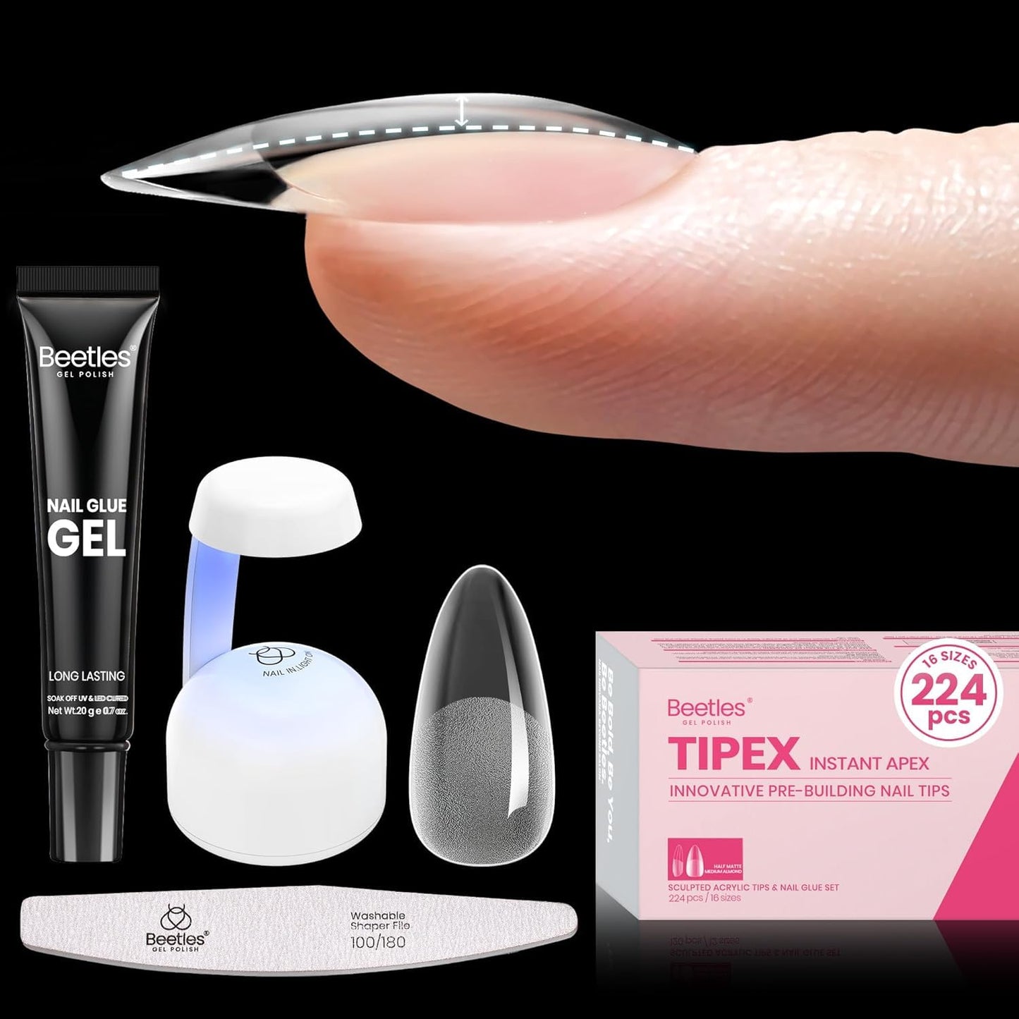 Beetles Tipex Gel Nail Kit, Medium Almond Nail Tips 224 Pcs 16 Sizes Pre-Building Pre-Etched False Nail Tips with Tipex Nail Glue, Mini Nail Lamp Thick Acrylic Nail Set Halloween Nails