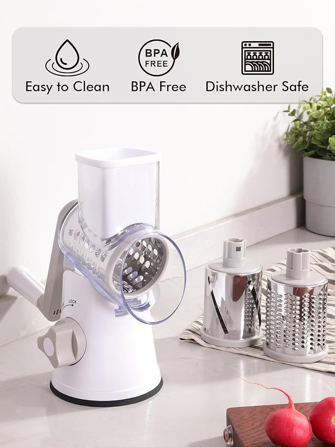 Rotary Cheese Grater with Handle - 3 in 1 Cheese Shredder Rotary Grater Stainless Steel Handheld, Vegetable Slicer for Fruit, Cheese, Nuts(White)