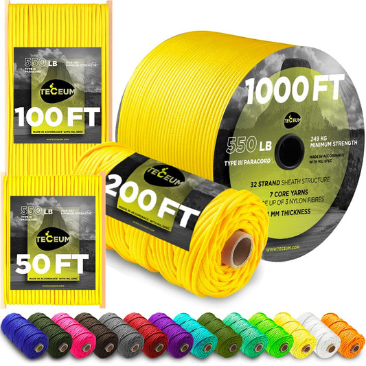 TECEUM Paracord Type III 550 Yellow Pastel – 50 ft – 4mm – Tactical Rope MIL-SPEC – Outdoor Para Cord – Camping Hiking Fishing Gear – EDC Parachute Cord – Strong Survival Rope 419