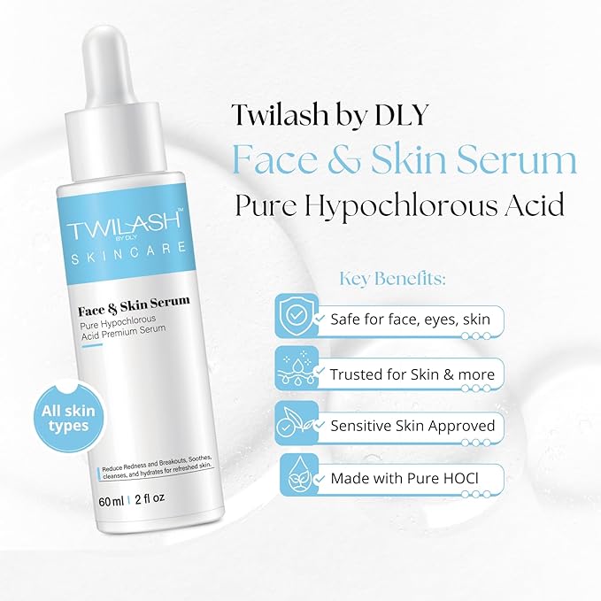 Pure Hypochlorous Acid Face & Skin Serum 2-Pack (60ml Each) – Hydrating, Calming & Redness-Reducing with Facial Massager – Gentle, Non-Irritating for Sensitive Skin – 120ml Total