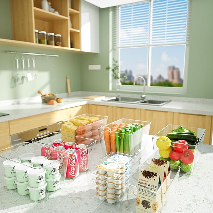 BALEINE Clear Plastic Storage Bins, Pantry Organization, BPA Free Stackable Refrigerator Organizers and Storage with Handles for Kitchen Fridge Cabinet Bathroom (6PK, 13x7.4x6.2)