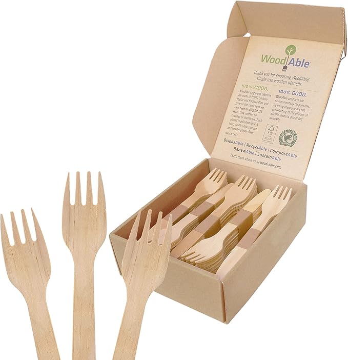 Disposable Wooden Cutlery Set - 100% Home Compostable - 100 Forks 6.5", Bamboo Utensils Alternative, Eco-Friendly, Organic, Sustainable and Carbon Neutral Certified