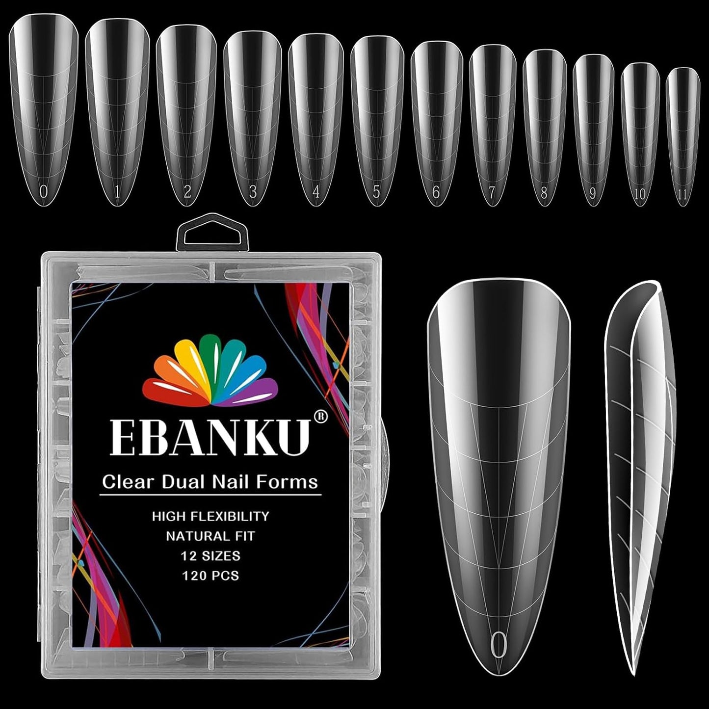Nail Dual Forms for Poly Nail Gel EBANKU 120Pcs Stiletto Extension Gel Nail Molds Clear Acrylic Nail Tips, Full Cover Reusable Nail Forms for Builder Nail Gel Nail Art Design Salon&DIY