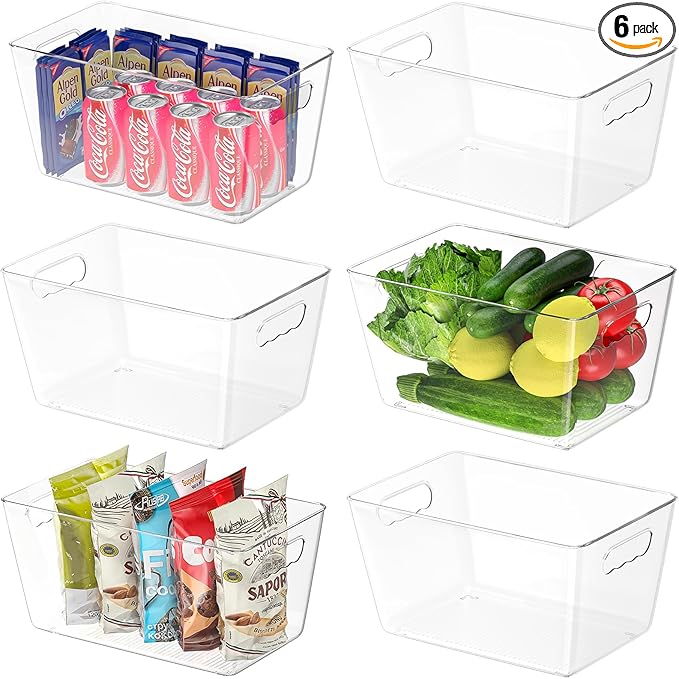 BALEINE Clear Plastic Storage Bins, Pantry Organization, BPA Free Stackable Refrigerator Organizers and Storage with Handles for Kitchen Fridge Cabinet Bathroom (6PK, 13x7.4x6.2)