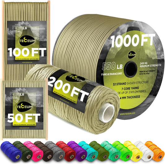 TECEUM Paracord Type III 550 Golden Sand – 50 ft – 4mm – Tactical Rope MIL-SPEC – Outdoor para Cord – Camping Hiking Fishing Gear – EDC Parachute Cord – Strong Survival Rope 028