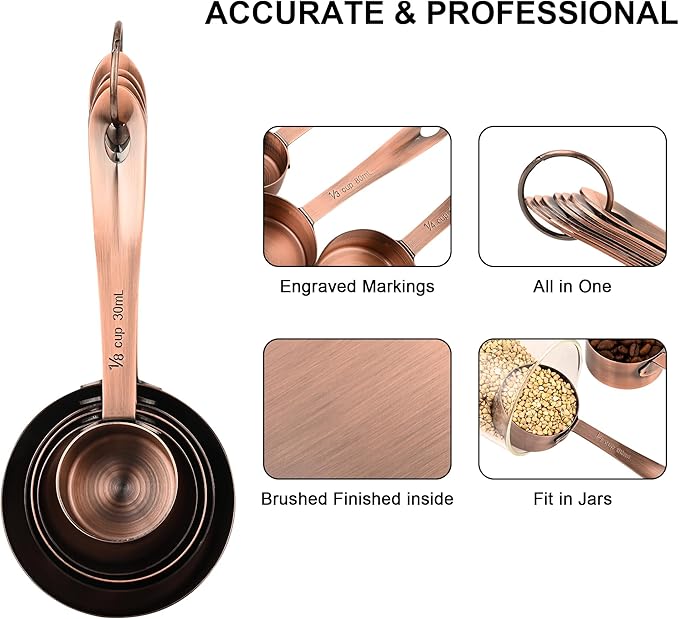Copper Measuring Cups and Spoons Set 17 for Dry & Liquid, Metric & Us Stainless Steel Measuring Cups and Spoons Set with Leveler for Kitchen & Baking with 3/4 & 2/3 Measurer Cup