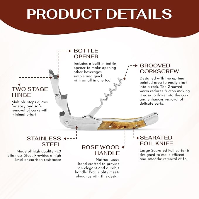 The Wine Chic Premium Professional Corkscrew Wine Opener with Elegant Wood Handle, Manual Wine Key with Foil Knife and Cap Bottle Opener for Bartenders, Waiters and Sommeliers