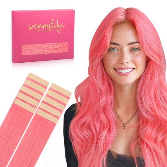 WENNALIFE Tape in Hair Extensions Human Hair Light Pink Tape in Extensions, 10pcs 20g 12 inch Remy Invisible Tape Ins Straight Colored Soft Real Human Hair Tape in Extensions Refill Set Extensions