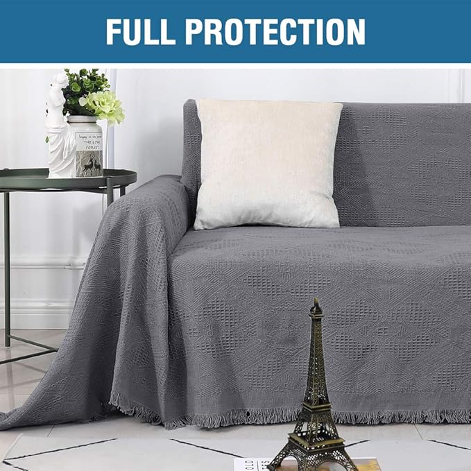 H.VERSAILTEX Cotton Sofa Covers Couch Cover Sofa Slipcover for Most Shape Sofas, Feature Thick Woven Jacquard Seamless with Tassels, Multi-Use Decorative for Couch (XX-Large: 91" x 134", Grey)