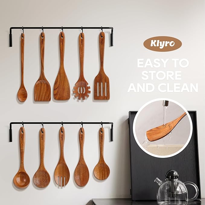 Teak Wooden Cooking Utensils Set, 10 Piece Premium Kitchen Cookware, Non-Scratch Wooden Spoons for Cooking, Perfect for Cooking and Serving