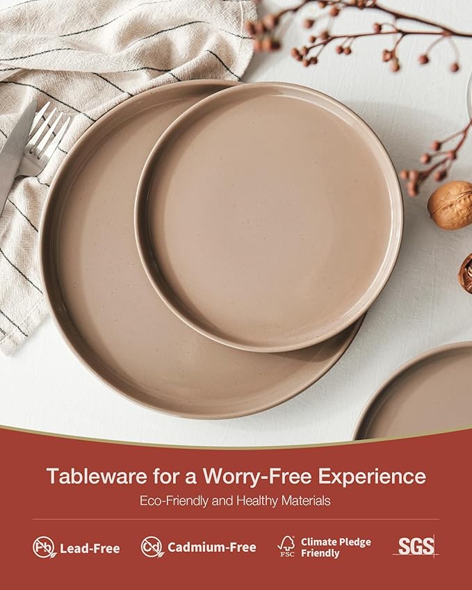Famiware Milkyway Dinnerware Set with Mugs, Service for 4 (16pcs), Ribbed Stoneware Plates and Bowls Dishes Sets - Chip & Scratch Resistant, Microwave & Dishwasher Safe, Cinnamon Brown