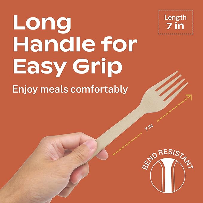 CORAL Light Brown 100% Compostable Forks - 400 Heavy Duty Forks (7.0 inch) - Break Resistant with Smooth Edges, Ocean Friendly Alternative to Plastic Silverware - Biodegradable & Disposable Forks