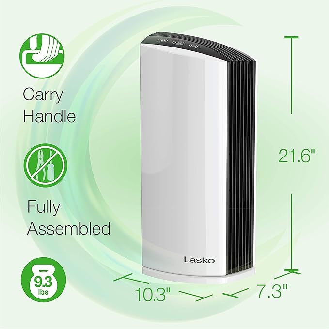Lasko LP300 HEPA Tower Air Purifier with Timer for a Cleaner, Fresher Environment –2-Stage Filtration Removes Smoke, Odors, Pet Dander, Virus Sized Particles, Pollen, Dust, 21.6" x 7.3” x 10.3”, White