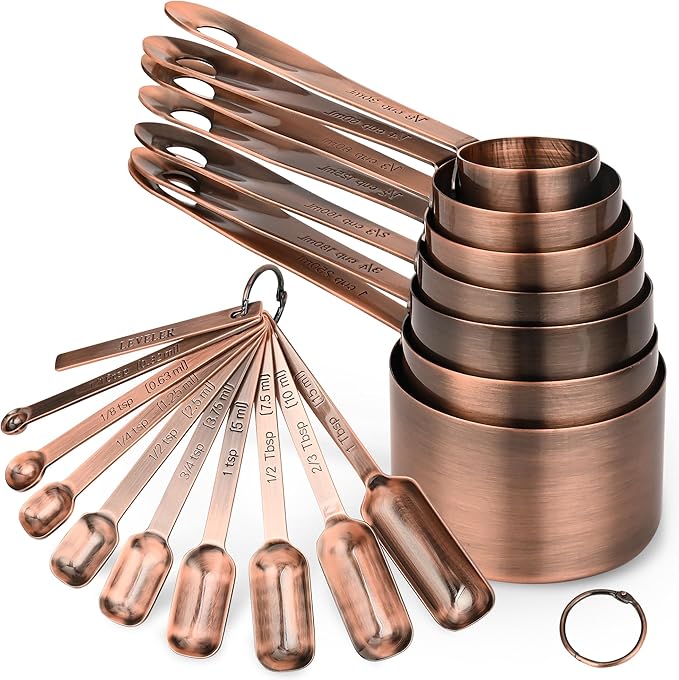 Copper Measuring Cups and Spoons Set 17 for Dry & Liquid, Metric & Us Stainless Steel Measuring Cups and Spoons Set with Leveler for Kitchen & Baking with 3/4 & 2/3 Measurer Cup