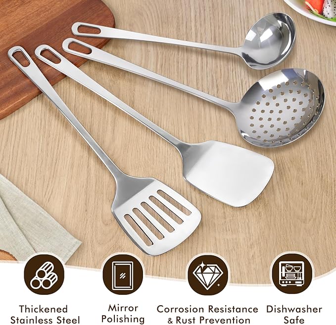 4 Pcs Cooking Utensils Set, Stainless Steel Kitchen Utensils, Heat Resistant Metal Kitchen Tools Include Solid & Slotted Turner Wok Spatula, Serving Spoon, Ergonomic Handle, Easy to Clean, Silver