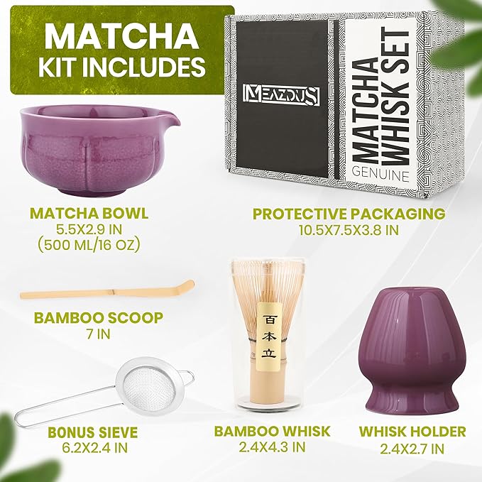 Matcha Whisk Set – 5 Piece Japanese Matcha Tea Set w/Ceramic Matcha Bowl, 100-Prong Bamboo Whisk & Holder, Scoop, & Stainless Sifter – Traditional Matcha Making Kit (Midnight Purple)