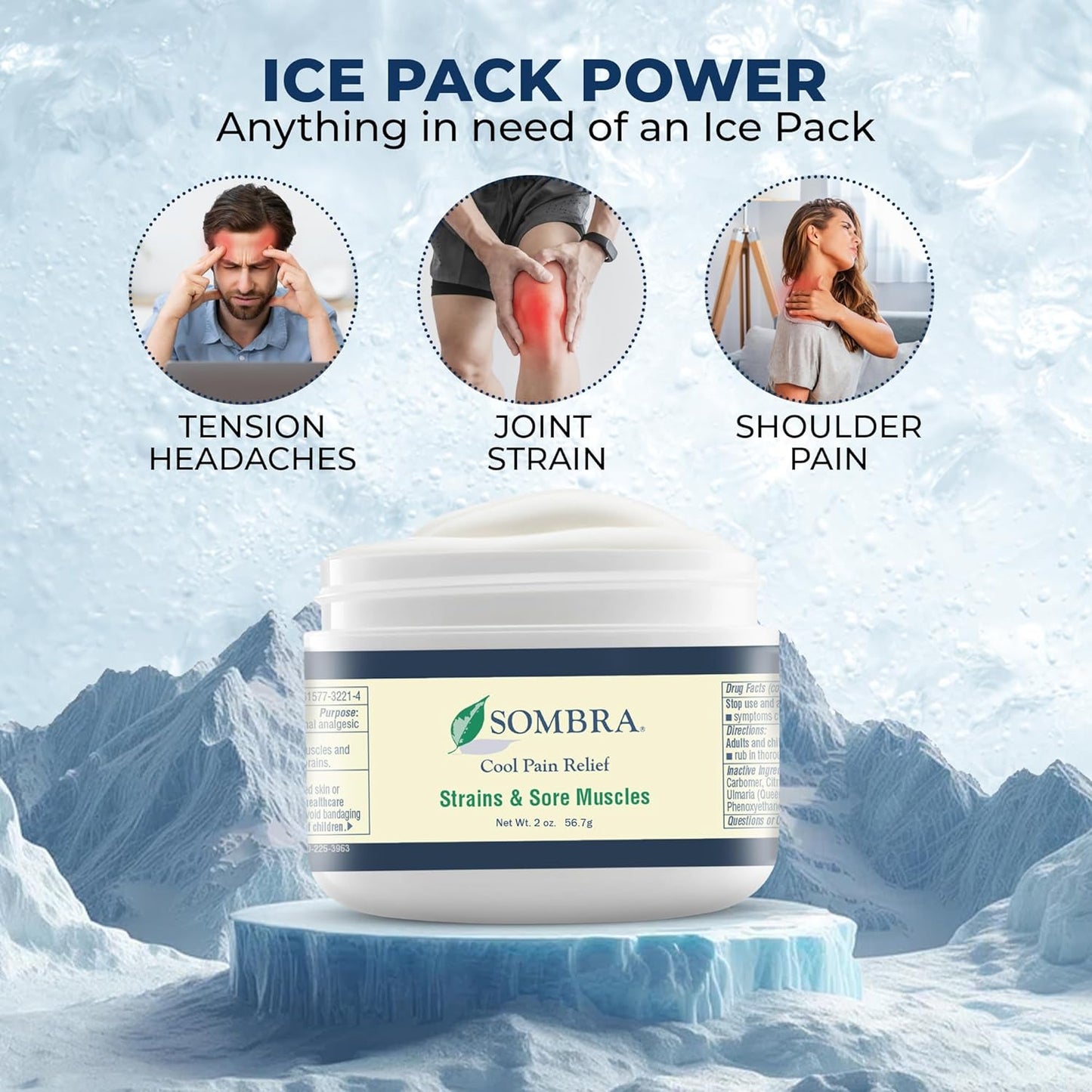 Sombra Cool Pain Relief Gel Cold Pain Relief for Swelling, Growing Pains, Soreness, Post-Workout, Vegan Formula Free of Artificial Fragrances, Dyes, NSAID, Wax, Petroleum, Alcohol - 2oz Jar (2 Pack)