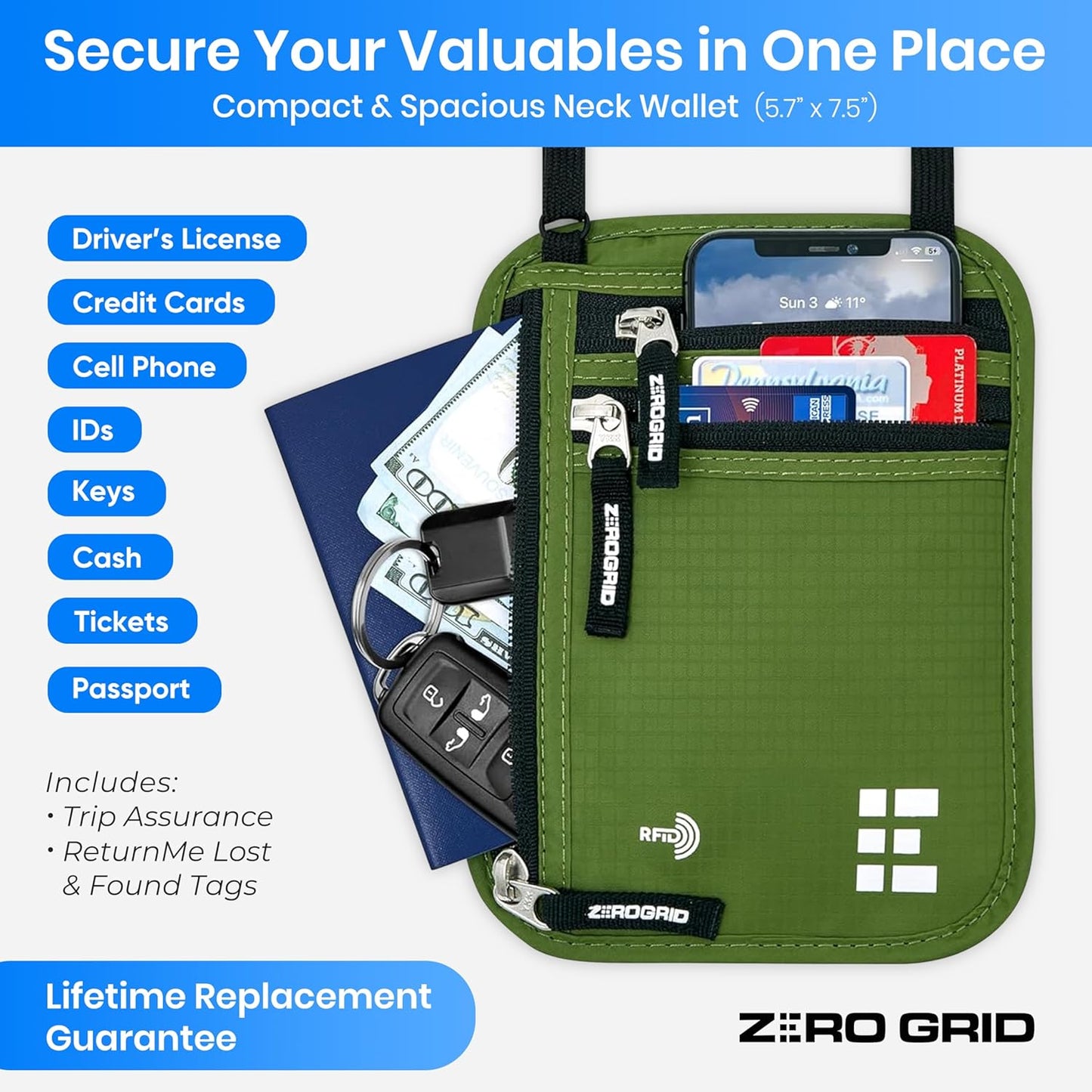 Neck Wallet for Travel & Passport Holder with RFID Blocking - Slim & Easy to Conceal Nylon Travel Pouch for men & women - Holds Phone, Cash, Cards, Keys - Sweat & Water Resistant - Large - Forest