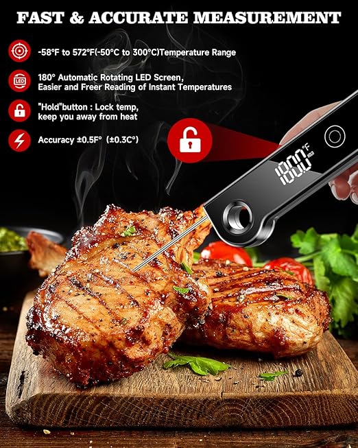 2025 Meat Thermometer Digital, ±0.5°F Accuracy Instant Read Thermometer180° Rotating Display, Calibratable and Auto Off, IP67 Waterproof Food Thermometer for Cooking,Grill,Oil Deep Fry, Brewing,Candy
