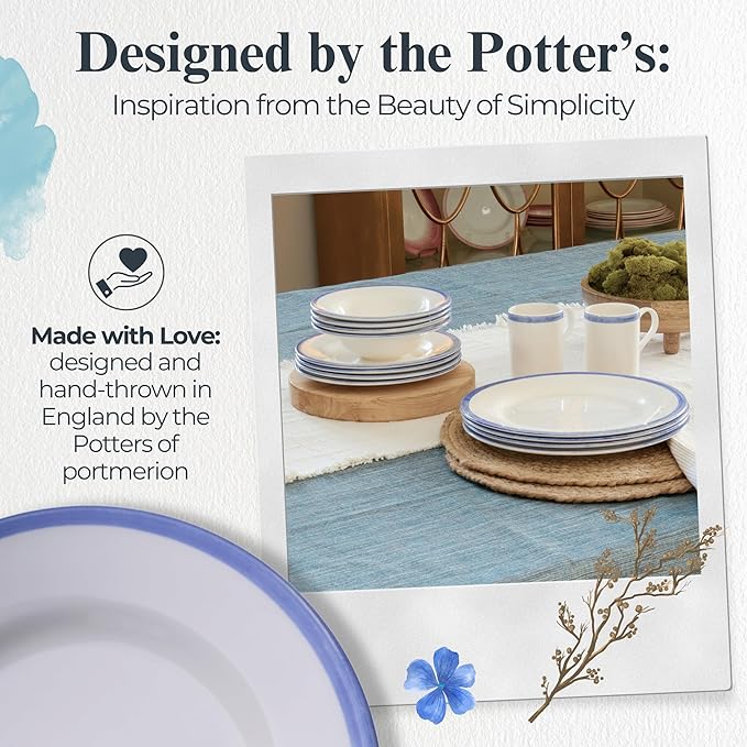 Portmeirion Potter's Brushstroke Dinner Plate (Set of 4) - 8" Earthenware Plates with Classic Brushstroke Rim - Microwave, Dishwasher, Freezer, Oven Safe - Ideal Modern Dinnerware Set (Blue)