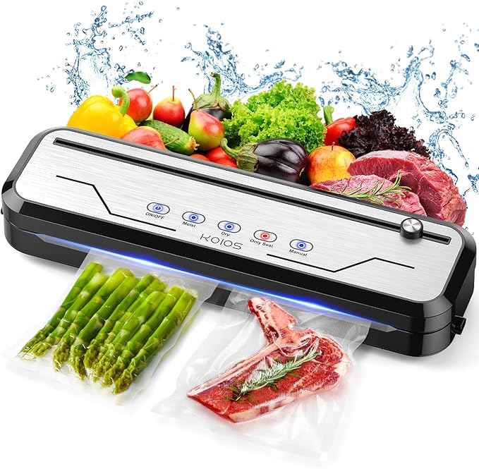 KOIOS Vacuum Sealer Machine with Starter Kit, One-Touch Operation | Built-in Cutter | Dry & Moist Modes | Compact Design | Vacuum Sealer for Food Preservation, Freezer Storage & Meal Prep